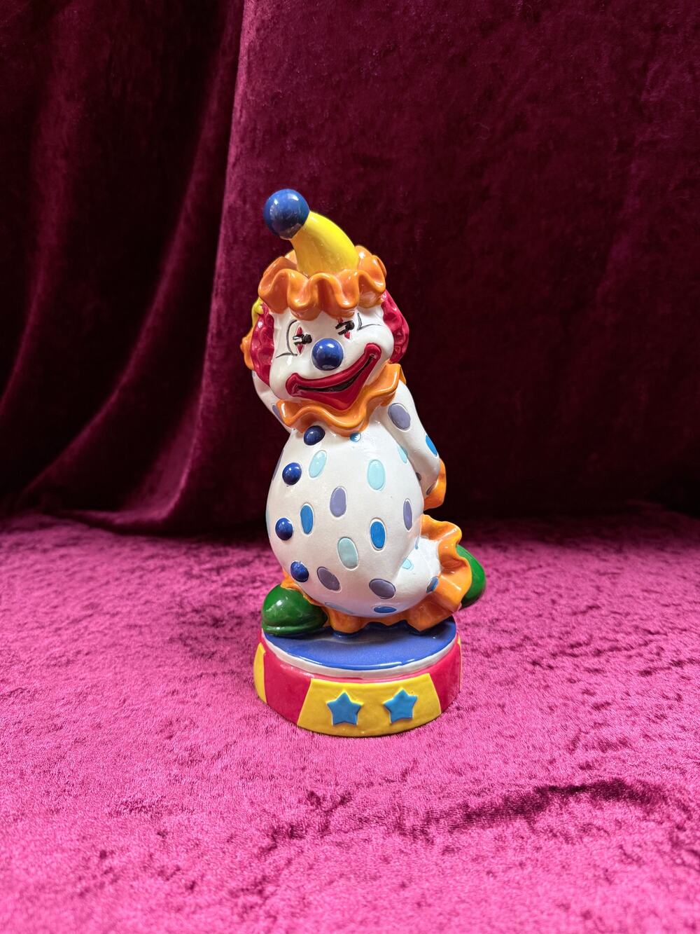 Vintage Vinyl Clown Piggy Bank – Bozo Style Polka Dot Costume + Circus Base